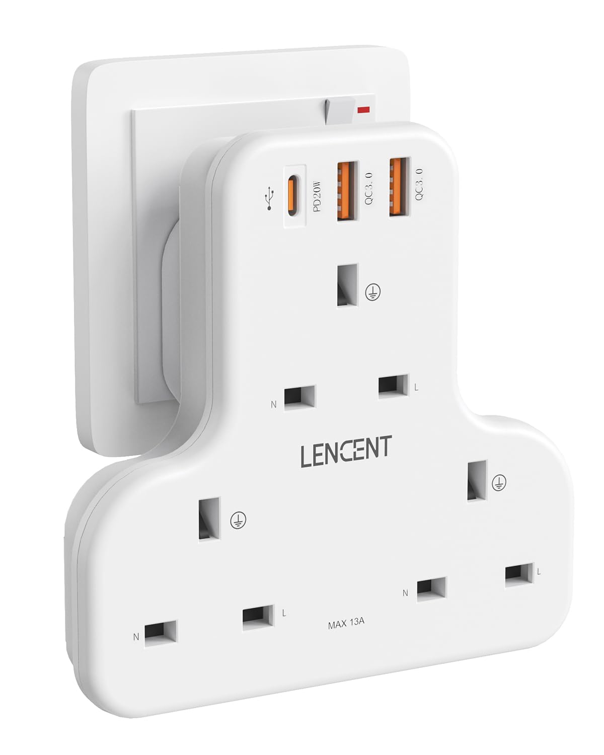 LENCENT Multi Plug Extension, 3 Way 3 Plugs Socket adapter, 6-in-1 Cube Electrical Extender Outlet Adaptor, PD&QC 3.0 20W USB Wall Charger, Plug Expander for Home, Office, Kitchen, 13A 3250W