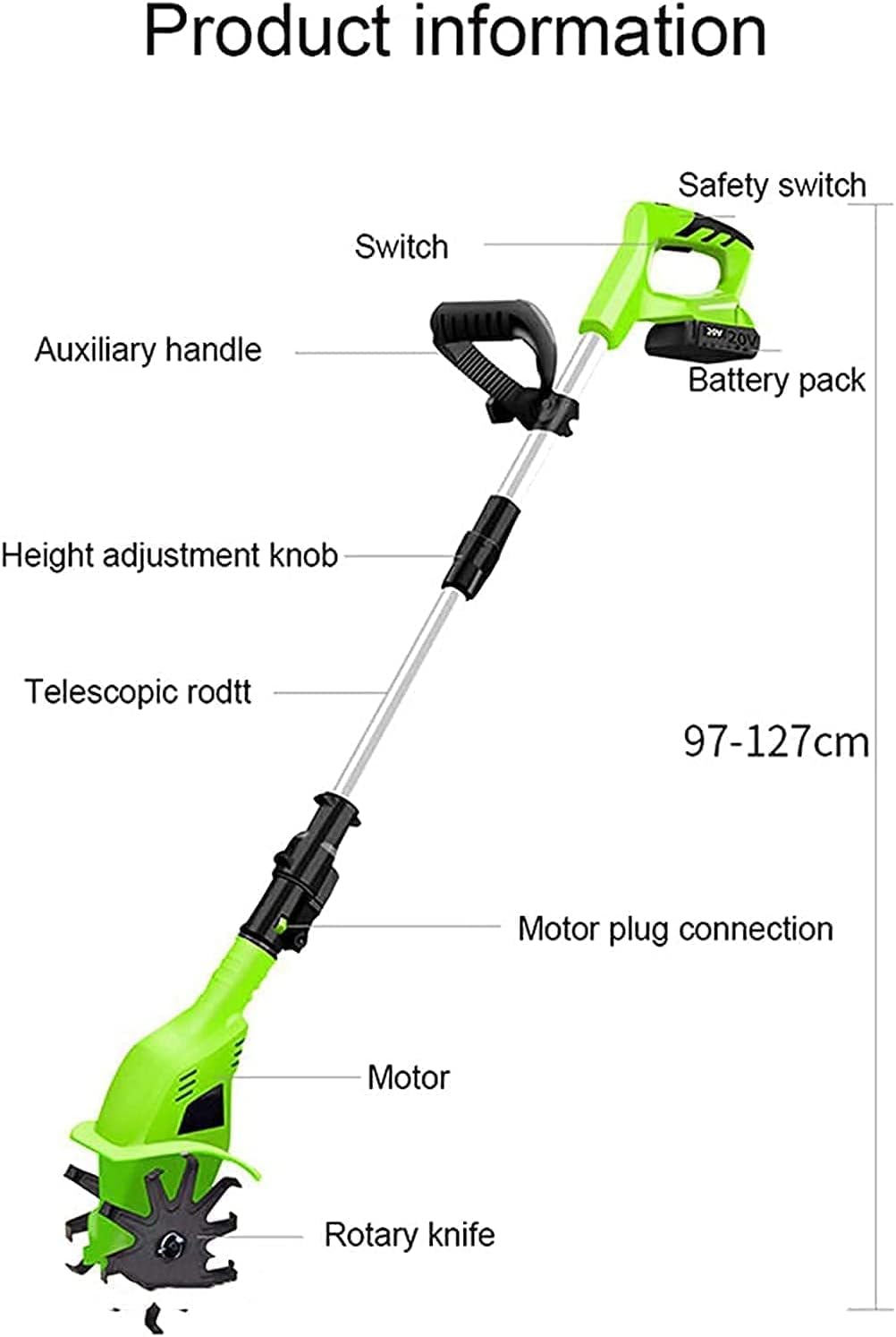Motobineuse de Jardin, cultivateur électrique Rotavator avec Batterie 20 V, rotavateur sans Fil, Batterie Rechargeable et Chargeur, poignée réglable de 97 à 127 cm pour parcelles d