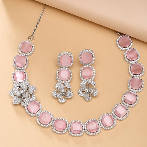 Image of ZENEME Jewellery Set Classic Style Rhodium Plated AD /American Diamond Studded Silver Plated Bejeweled Rose Necklace Jewellery Set for Women & Girls