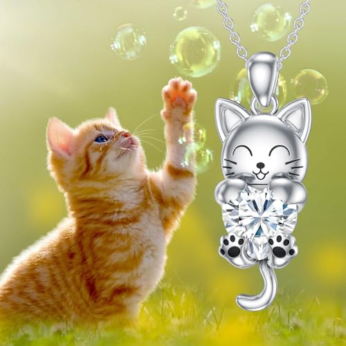 LONAGO Cat Necklace with Heart Birthstone Cat Pendant Necklace Sterling Silver Gifts for Women4