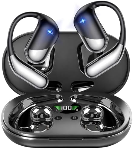 Aurotlu Open Ear Wireless Earbuds Headphones, Bluetooth 5.4, Built-in Mic, IPX7 Waterproof, LED Display Charging Case,Ear Hooks Clip Ear Buds，Design for Running Fitness Workout Office Game Gym