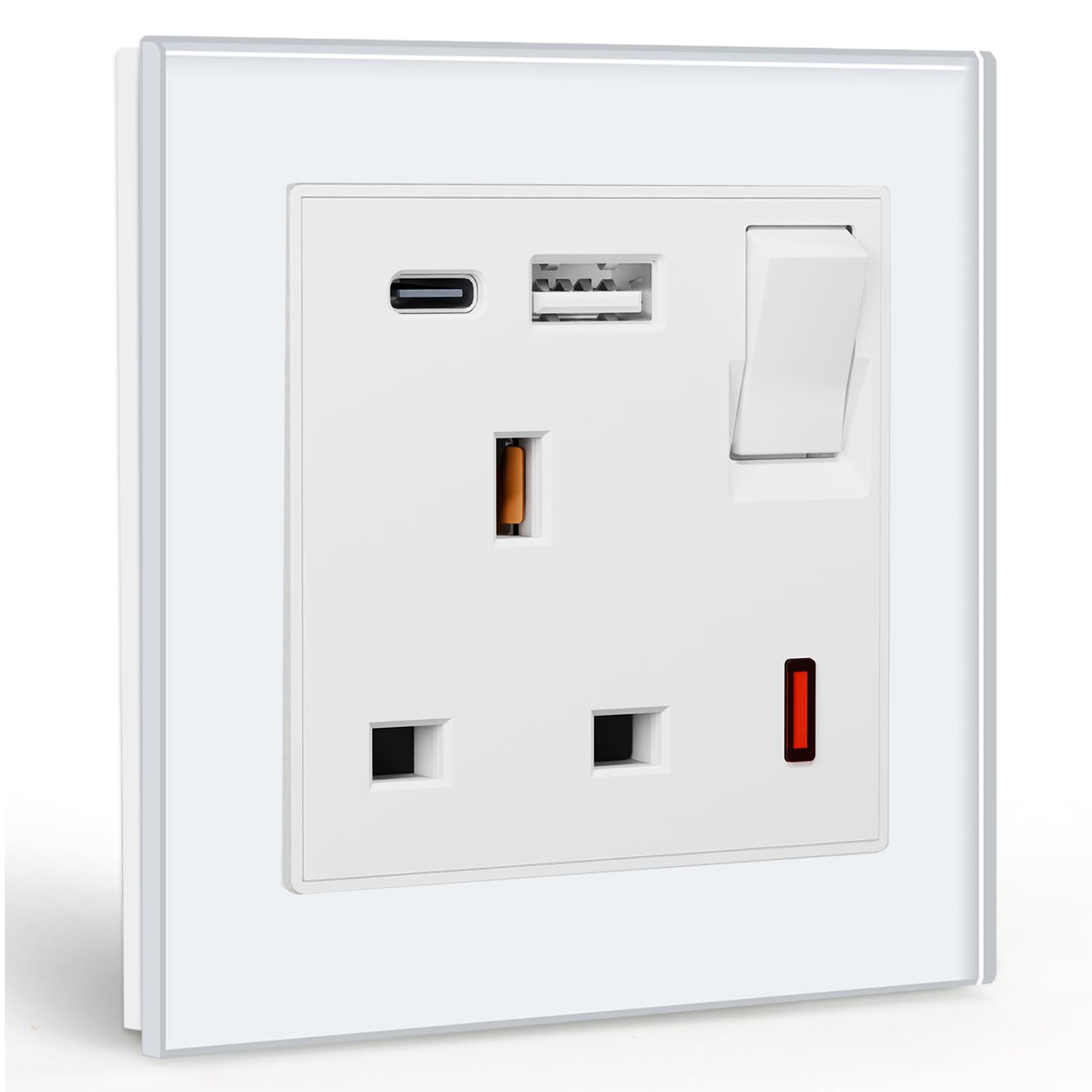 BSEED Single Socket 13A with USB A and USB C 18W, Single Plug Socket 1 Gang UK Standard, Switched Outlet with Glass Panel, Electric Power Outlet White
