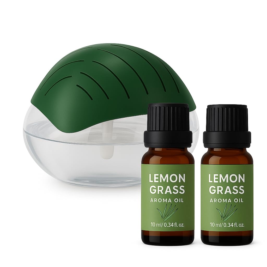 Portable 3-in-1 Green Air Revitalizer | Aroma Diffuser with Free Aroma Oil | Humidifier with 1800ml Tank for Home, Office, Bedroom & Spa (2 Pack, Humidifier with Lemongrass)