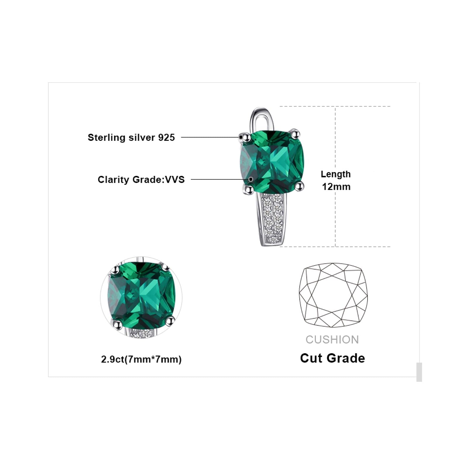 SALAN Pendientes De Clip De Plata De Ley 925 con Esmeralda Verde Simulada De Corte Cojín para Mujer Pendientes Huggie De Piedras Preciosas De Moda