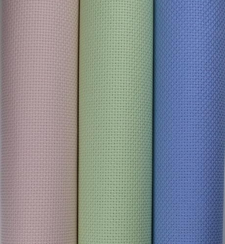 Image of KCS 3 pc of 15 inch x 18 inch(38cmx45cm) Counted Cross Stitch Cotton Aida Cloth Needlework Rolled Fabric Box,14CT,Light Blue+Pink+Light Green