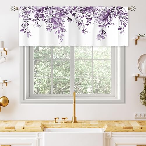 oolygoo Purple Eucalyptus Botanical Leaves Valances Kitchen Curtains Watercolor Flower Window Drapes Floral Plants Botanical Wildflower Bedroom Bathroom Living Room Treatment Tier 1 Panel 52Wx18H Inch