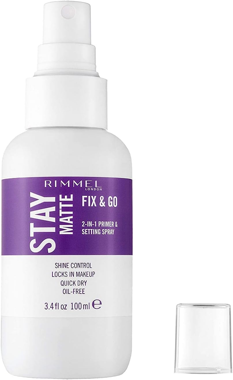 Rimmel London Stay Matte Fix & Go - 001 Transparent - 2-in-1 Primer & Setting Spray, Oil-Free, Locks Makeup into Place, Soothes Skin, 3.3 oz