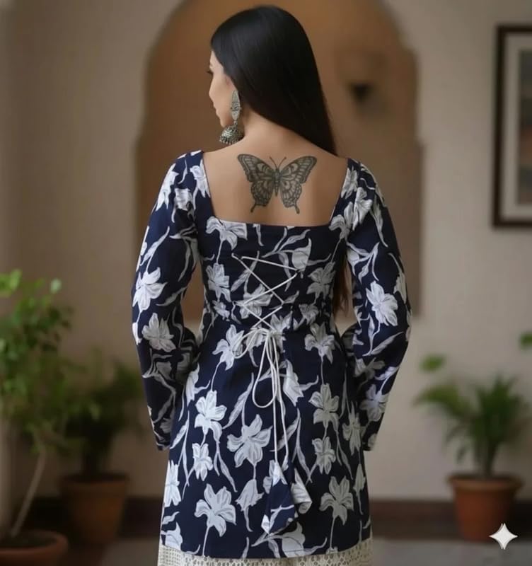 Image of Rayon Floral Print Short Kurti for Women | Square Neck Long Sleeve Top for Women | Criss Cross Back Desing Kurti | Soft Breathable Fabric | Relaxed Fit | Casual and Office Wear