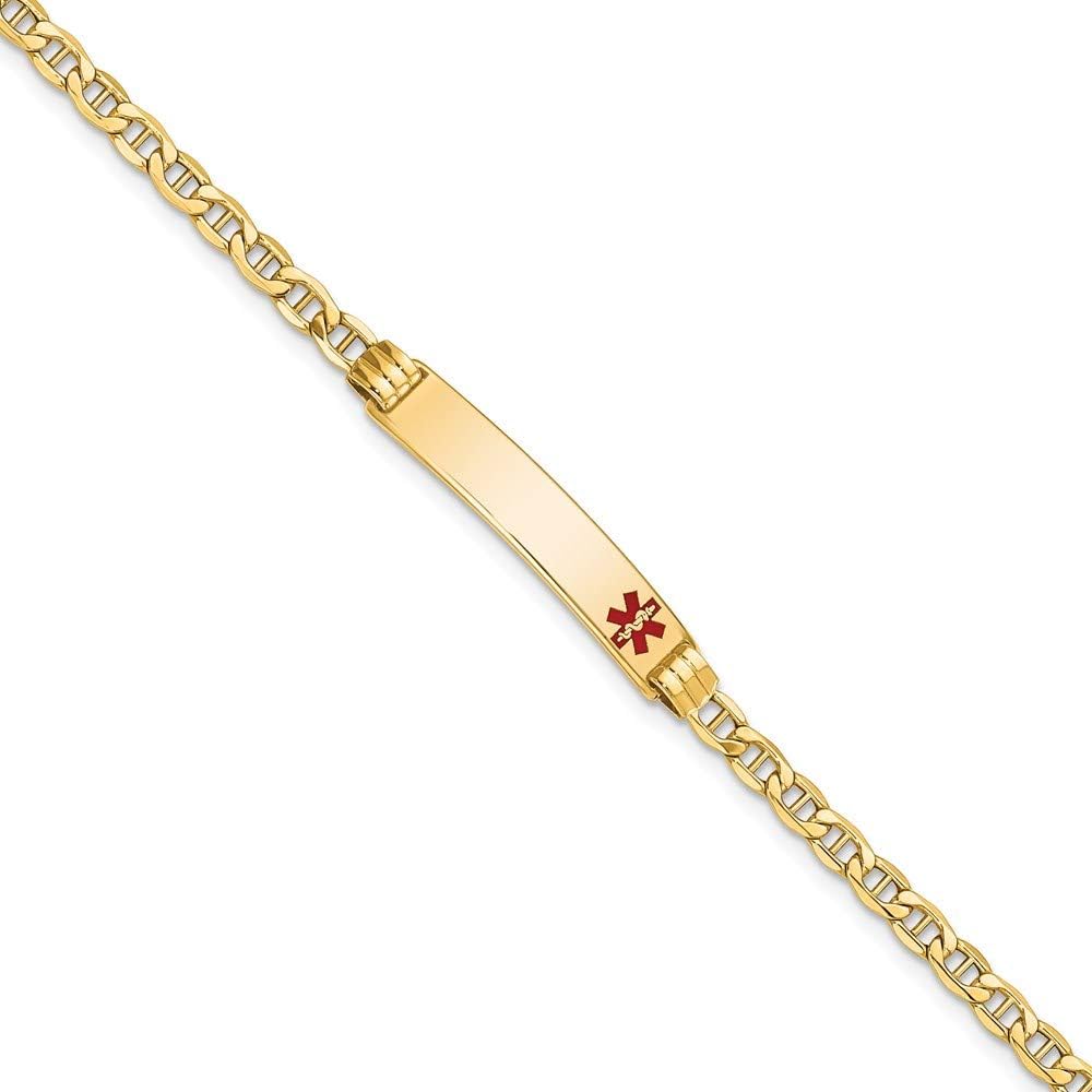 Engravable Personalized Custom 14K Yellow Gold Semi-Solid Medical Red Enamel Anchor Link ID Bracelet For Men or Women Length 7 inches Width 5.5 mm