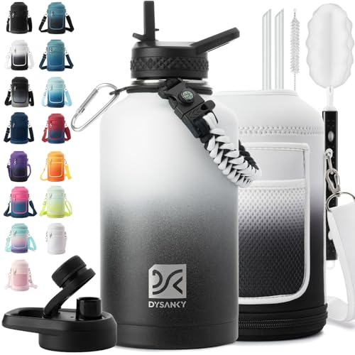 Insulated Water Bottle | Thickened Stainless Steel Vacuum Metal | Portable Sports Half Gallon Large Water Jug for Gym and Hiking with Straw, Carrier Bag, Handle Strap | BPA-Free 64 oz