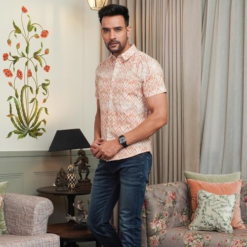 Image of Peach Chevron Printed Cotton Casual Shirt for Men | Half Sleeve | Regular Collar | Regular Fit