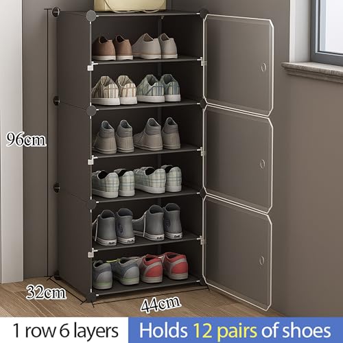Image of AYSIS Plastic Shoe Rack for Home | 𝟔 𝐒𝐡𝐞𝐥𝐟 DIY Shoe Rack with Door 𝐌𝐚𝐠𝐧𝐞𝐭𝐬 for Home Storage Plastic Box Organizer, Metal Door Frame, Chappal Slipper Sandals Stand (Grey, 6-Shelf-3-Door)