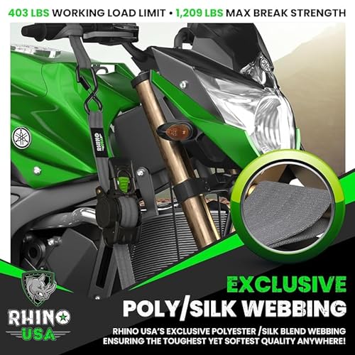 Image of Rhino USA Retractable Ratchet Straps (2-Pack) - 1 Inch x 10 Feet (1,209lb Break Strength) - Auto Self Retracting Tie Down Straps for Truck, Cargo Trailer, Motorcycle, ATV, UTV - Gray