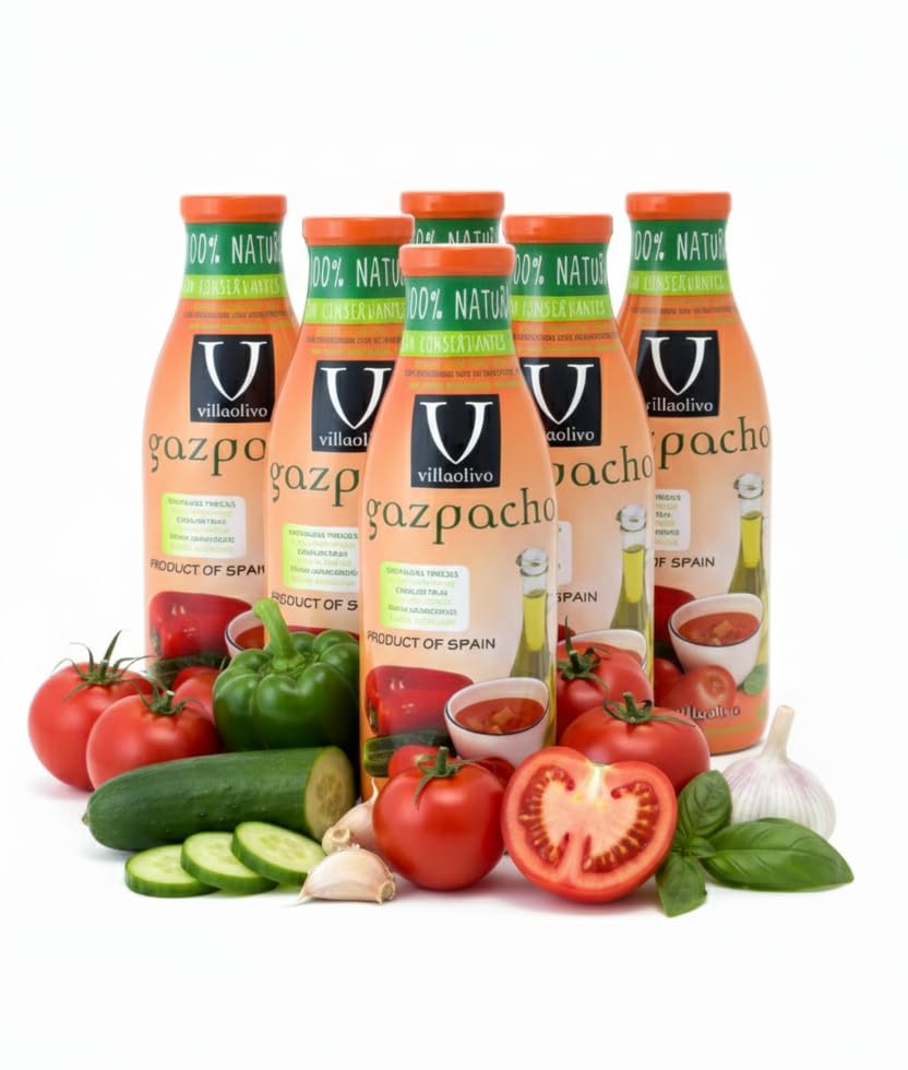 Villaolivo - Gazpacho 1L | Pack 6 Botellas en Cristal | Receta Tradicional, 100% Natural y Sin Conservantes