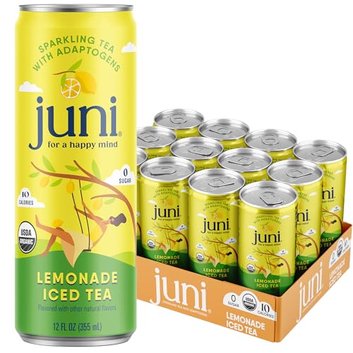 Juni Sparkling Adaptogen Drink with Ashwagandha Lions Mane & Reishi Mushrooms Green Tea for Focus Zero Sugar 10 Calories Organic Non Alcoholic Drinks - Lemonade Iced Tea 12 pack