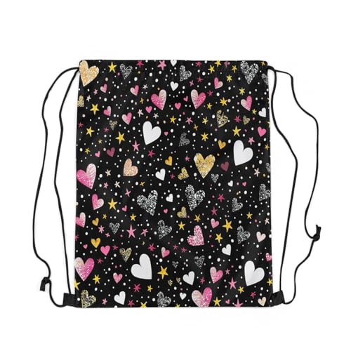 Feelyou Hearts Backpack 13"x15.7" for Love Hearts Drawstring Backpack Glitter Sparkle Hearts Backpack Black Golden Drawstring Backpack for All Season Waterproof Cinch Bag2
