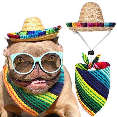 Whaline Mexican Dog Costume Accessories Cinco De Mayo Fiesta Dog Bandana Dog Straw Hat Mexican Colorful Stripe Pet Scarf Dog Bib Pet Neckerchief for Small Medium Cat Dog Carnival Party Supplies