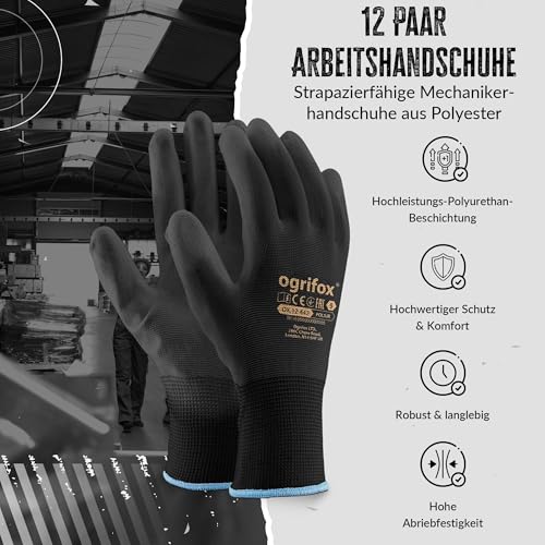 FUZZIO 12 Paar Arbeitshandschuhe Herren Gr 9, Mechaniker Handschuhe, Gartenhandschuhe Herren, Arbeitshandschuhe Damen, Montagehandschuhe, Polyurethan Beschichtung mit Handschuhclip