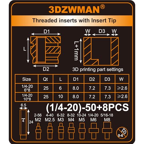 1/4-20 Threaded Inserts with 8PCS Heat Set Insert Tools,Brass UNC knurled Nuts for 3D Printing Components and Plastic Parts(1/4-20 * 6 * 8-25Pcs and 1/4-20 * 10 * 8-25Pcs) - Image 2
