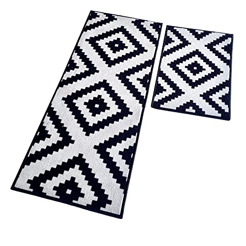 Image of Matz&More Anti Slip Kitchen Runner & Doormat Combo (50x120cm + 40x60cm), Nylon Tufted Floor Mat with Rubber Backing, Carpet for Kitchen, Bathroom, Entrance & Bedside, Pattern Black Offwhite