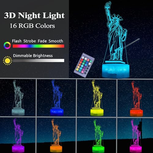 Image of Statue of Liberty Night Light, 3D Illusion Lamp with 16 Colors Changing, Timer, 4 Flash Modes and Dimmable, Kids Boys Girls Room Decor, Holiday Xmas World Landmark Building Gifts