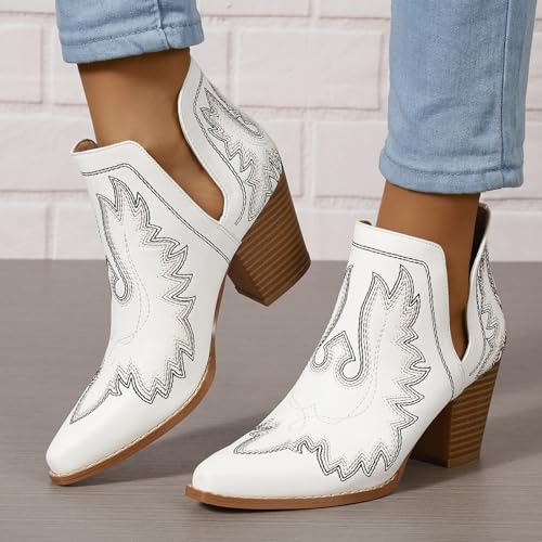 Image of SelRoys Cowboy Boots for Women Cowgirl Ankle Western Embroidered Stitched Pointed Toe Cutout Chunky Heels Short Booties Red Brown Black US5-11