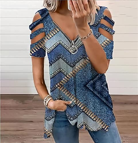 Women's Cold Shoulder Tops Tee Sexy Summer V Neck Loose T Shirts Casual Short Sleeves Zipper Floral Print Blouse2