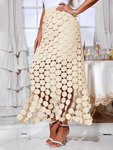 Image of Cicy Bell Womens Hollow Out Maxi Skirts Summer Boho Fringe Hem Long Skirt | High Waist,Circle Skirt,Casual,Dressy,Midi Skirt,Beach Vacation