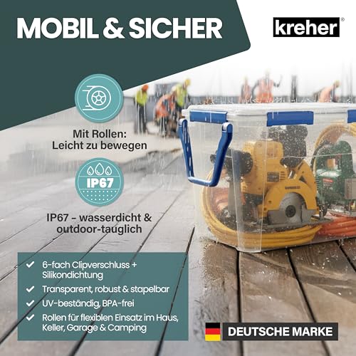 Kreher® Wasserdichte Aufbewahrungsbox Rollbox Transportbox (IP67) mit Deckel und Rollen. Aus robustem Kunststoff mit praktischen Transportgriff. 100 Liter Volumen. Staub- und Nässegschützt. (1)