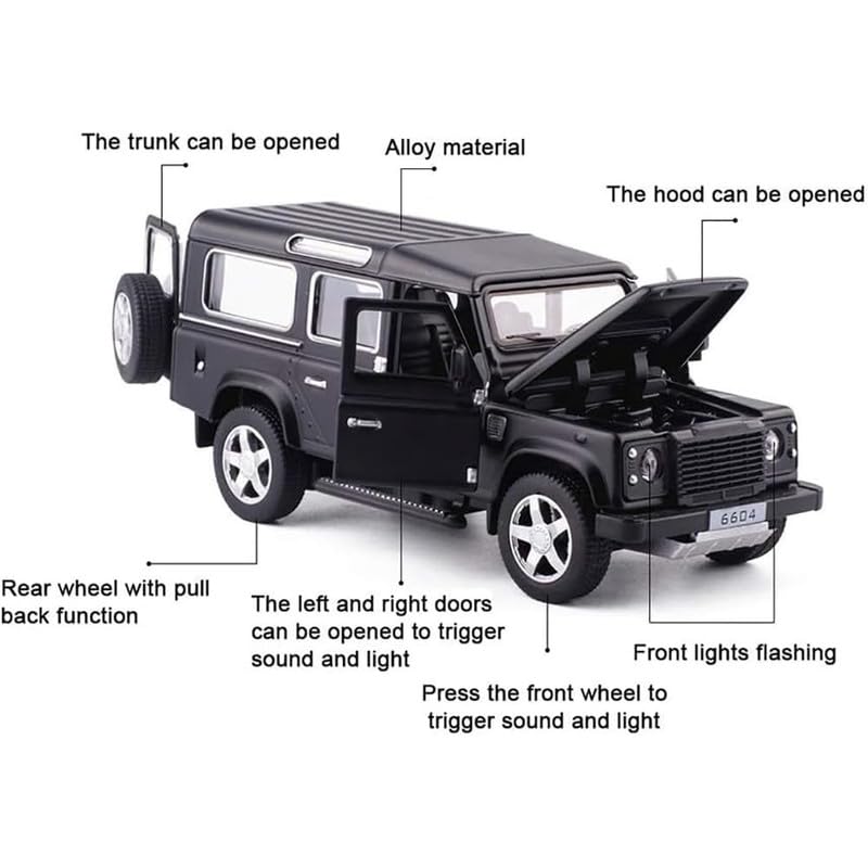 Image of Kids Model 1:32 Defender Die Cast Metal Car Pull Back Action Opening Doors with Realistic Engine Sound Lights Toy Car Gift for Boys - Black