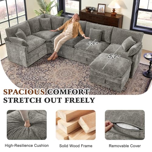 Image of Ihanherry Oversized Modular Sectional Sofa with Storag, 6-Seater V Shaped Cloud Couch with Movable Ottomans, Chenille Deep Seat Corner Couches for Living Room (Grey)