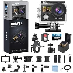 AKASO Brave 4 Action Camera 4K 30fps with 64GB MicroSD Card Bundle | 20MP EIS WiFi 170° FOV 5X Zoom Waterproof Underwater Camera for Snorkel, Travel, Bicycle, Helmet, Motorcycle Accessories Kit