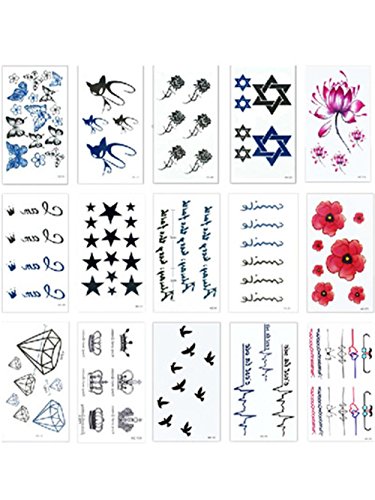 Moolecole 15 Sheets Fashion Body Art Temporary Tattoo Removable Waterproof Stickers for Cosplay Accessories and Dancing Party