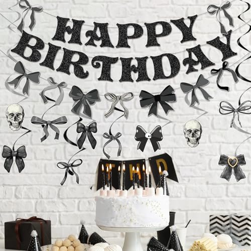Lovarywow Black Bow Party Decorations - 13PCS Gothic Birthday Decorations, Skull Skeleton Goth Party Supplies for Girls Women, Black Bow Coquete Happy Birthday Banners Hanging Swirls by Lovarywow - Used condition - Image 6