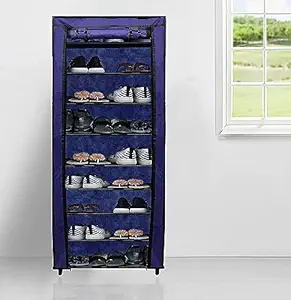 PHILOSHOP 9 Layer Multipurpose Portable Folding Shoe Rack For Home/Shoe Shelf/Shoe Cabinet with Shoe Rack Cover, Easy Installation Stand for Shoes, (Black,Metal)