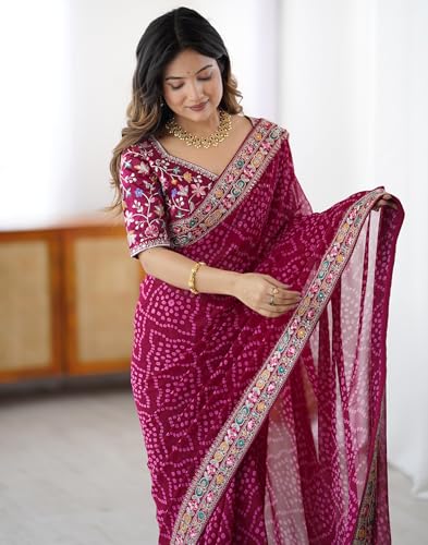 Image of SIRIL Women's Georgette Bandhani Printed Saree with Unstitched Blouse Piece
