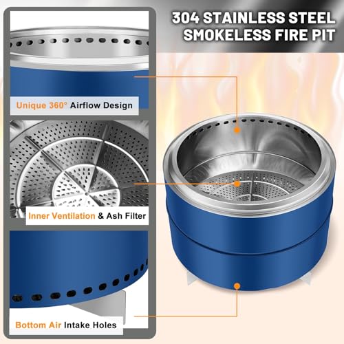 Smokeless Firepit, 27 Inch Stainless Steel Outdoor Portable Fire Pit with Removable Ash Pan and Carry Bag, Wood Burning Firepits for Outside with Stand, Ideal for 6 or More People, Blue