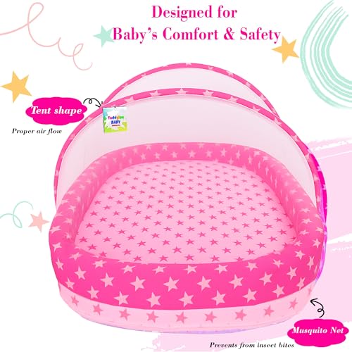 Image of Toddylon Baby Luxury Bedding Set for Newborns | Flat Bed | Mosquito Net | Neck Support | Cotton | Travel Bed | Essentials | Toddlers | Infants | Baby Boy Girl (0-12 Months) Pink
