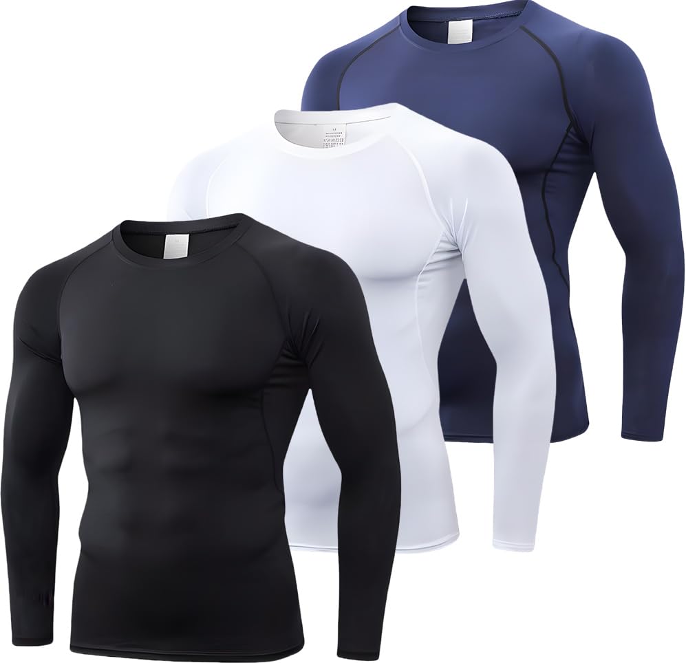 Opiniones de Ropa de Balonmano para Hombre los mejores 5. 48 DJJAXC 3PCS Manga Larga Deportiva para Hombre Absorben la Humedad, Playeras Manga Larga Hombre Cómodo y Transpirable (MX/US, Alfa, Mediano, Regular, Regular, Negro+Blanco+Azul)
