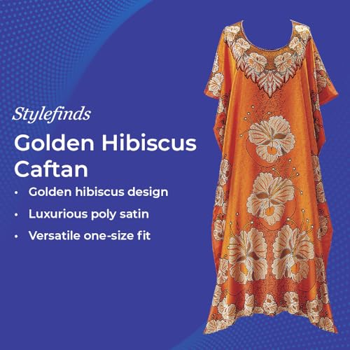 Golden Hibiscus Floral Caftan for Women, Ultimate Satin Comfort, Loungewear Dress, Swimsuit Cover Up, One Size Fits Most2