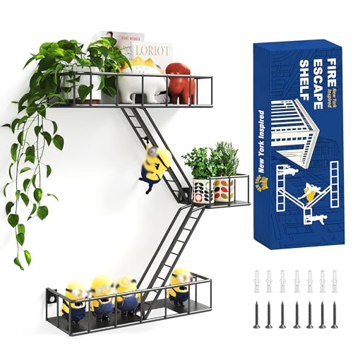 MVPSONAG Fire Escape Shelf - 3 Tier Metal Black Fire Escape Wall Shelves with Baskets, New York Action Figurine Display Shelf, Unique Rustic Floating Decorative Wall Shelves for Any Room by MVPSONAG - Used condition - CA$40.49