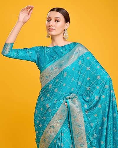 Image of Monjolika Fashion Women's Blushing Banarasi Silk Saree Zari Woven Work Enhanced Elegance Comes With Unstitched Blouse Piece