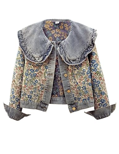 Unilexi Womens Peter pan Collar Embroidered Jean Jackets Long Sleeve Jacquard Versatile Denim Jackets