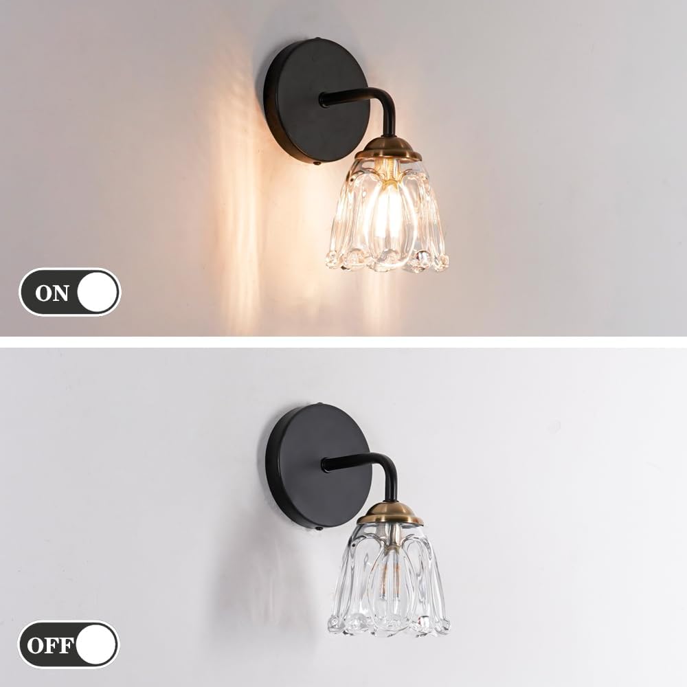 Vintage Hardwired Wall Sconce Set of 2, No Battery/Rechargeable! Black & Gold Bathroom Light with Clear Glass Shade, G9 Bulb Fixture for Mirror/Bedroom, Brass Wall Decor Lighting