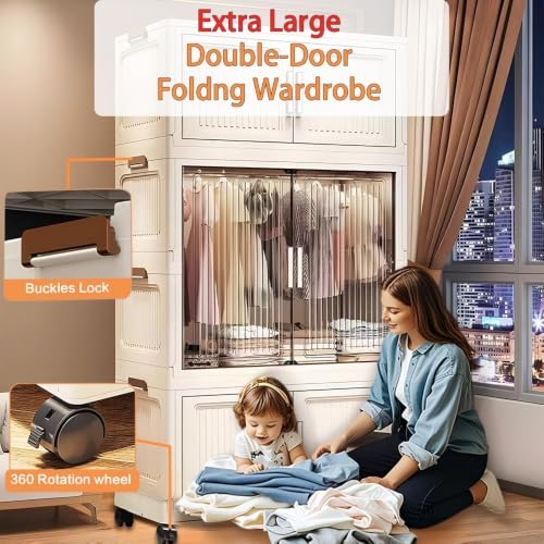 Image of Plastic Wardrobe for Clothes | ๐ ๐๐๐๐๐ Foldable Storage Cabinet with Hanging Space, Transparent Magnetic Doors, Dustproof Portable Closet Organizer for Clothes /Kitchen /Books /Toy - White
