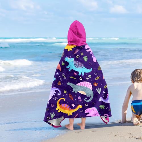 Image of Dinosaur Girls Beach Towel with Hoodie for Kids Toddlers Age 4-8, Pink Bath Towels Shower Wrap for Girls, Hooded Poncho Beach Blanket for Pool Swimming Cute Wearable Bath Towel for Child