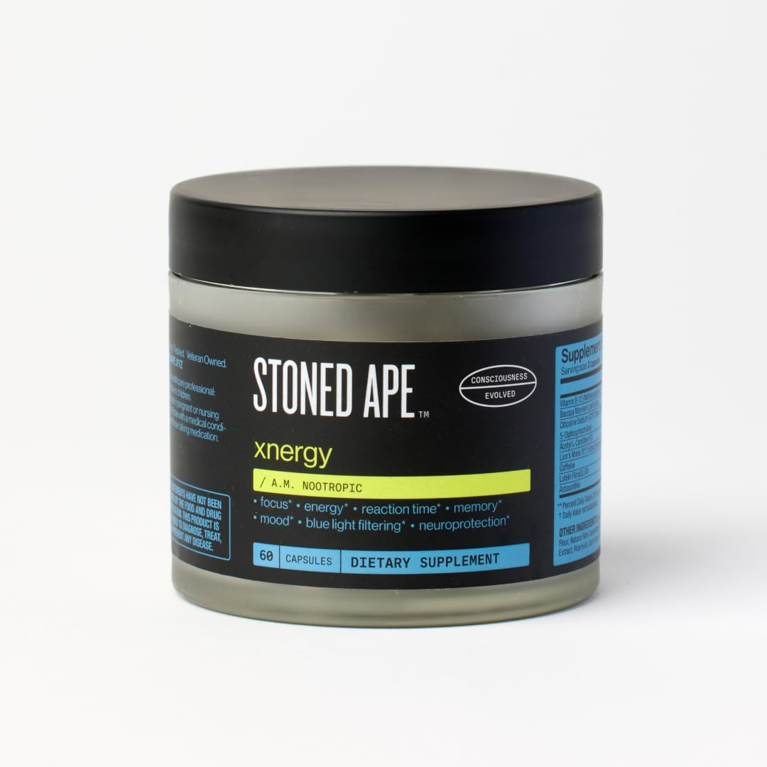Stoned Ape Xnergy - NSF Certified for Sport Nootropic for Focus, Energy & Reaction Time - Citicoline, Bacopa, Lion's Mane + Caffeine - Clean Energy, No Crash - Vegan, 60 Capsules
