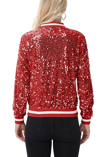 Anna-Kaci Women's Sparkly Sequin Jacket Long Sleeve Zipper Glitter Bomber Jacket Coat with Ribbed Stripe Cuff4