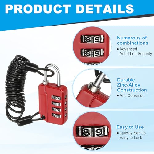 Image of MECCANIXITY Combination Lock, 4 Digit Padlock Combination Outdoor Waterproof Locker Lock with Steel Cable for Gym Luggage Home Sports Hasp Storage, Red Pack of 2