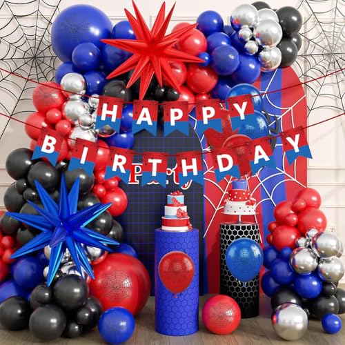 Image of Happy Birthday Banner Bunting, Swallowtail Design Sign for Backdrop Decor, Red and Blue Theme Birthday Decorations for Kids Boys, Hanging Decor 13pcs (Red)